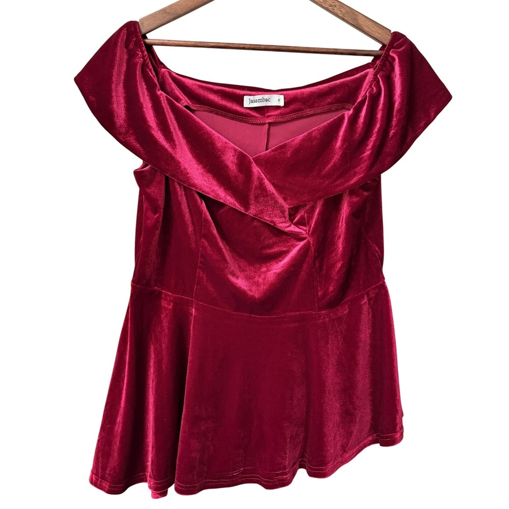 Jasambac Red Wine Velvet Off‎ Shoulder Peplum Blouse Size XL Witchy Whimsigoth
